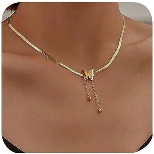 Elegant 14K Gold Butterfly Necklace with Tassels - Stackable Herringbone Design